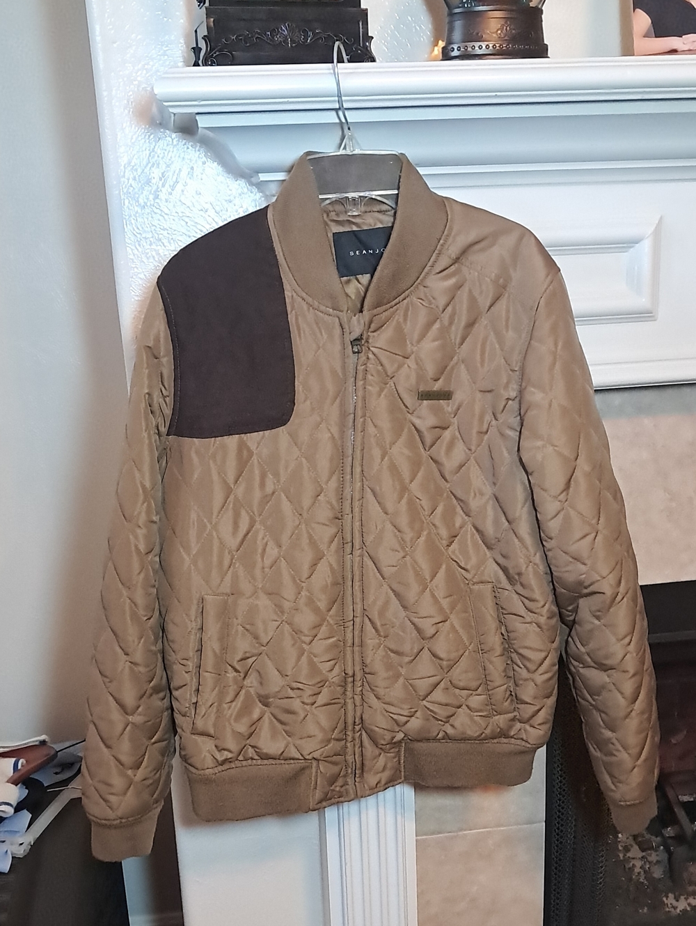 Sean John Quilted Puffer Jacket in Khaki with Dark Brown Shoulder Patch